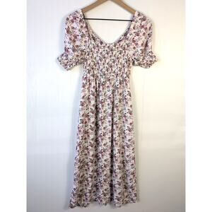 Mimi Chica Smocked Midi Dress S Pink Floral Puff Sleeve Cottagecore Boho